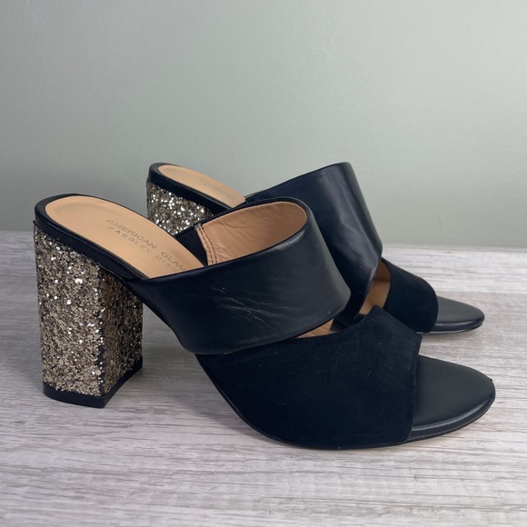 Badgley Mischka American Glamour black and gold glitter sandal heels sz 5.5 - Picture 15 of 15